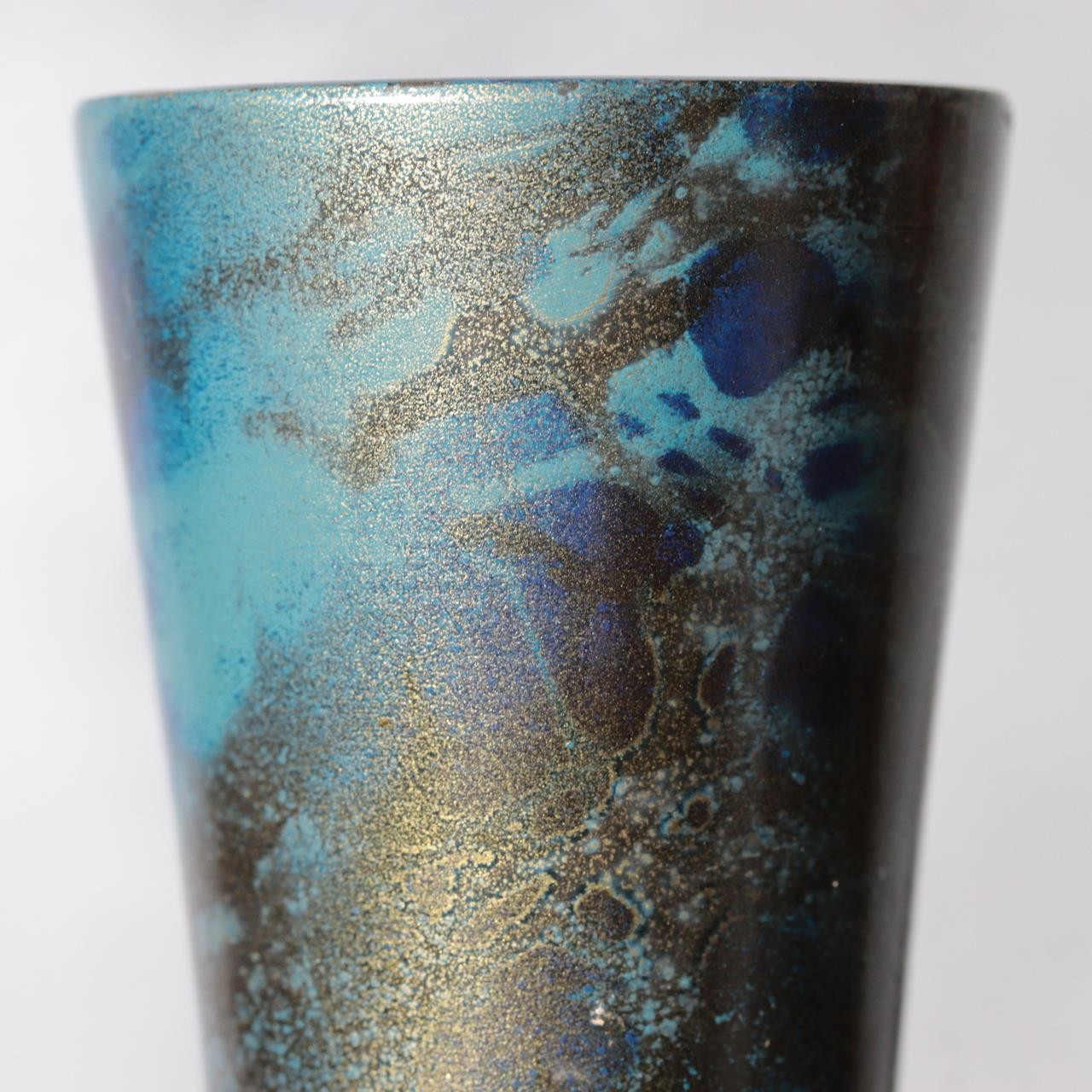 Vintage Showa Takaoka Copperware Bronze Vase Masaharu Blue Gold Mottle