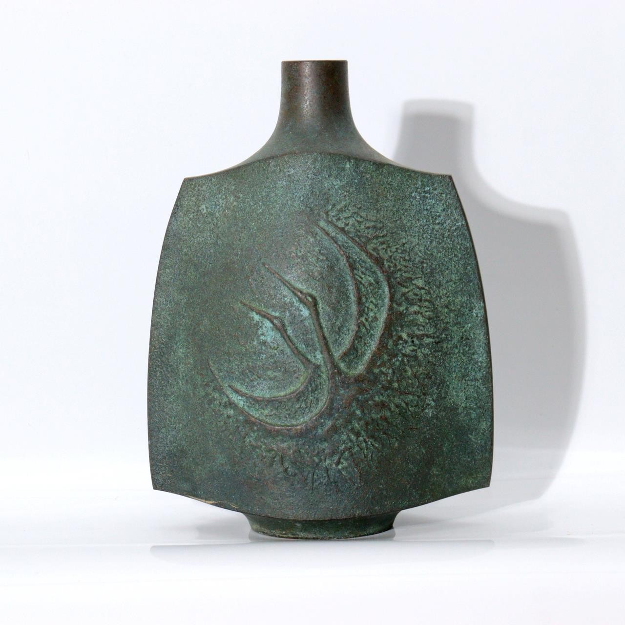 Japanese Takaoka Bronze Vase Mitsuru Obaka Relief Tomobako BV7675