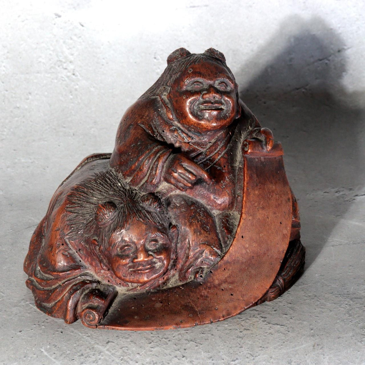 Antique Japanese Bamboo Root Okimono Kanzan Jittoku Hanshan Shide Edo Meiji0