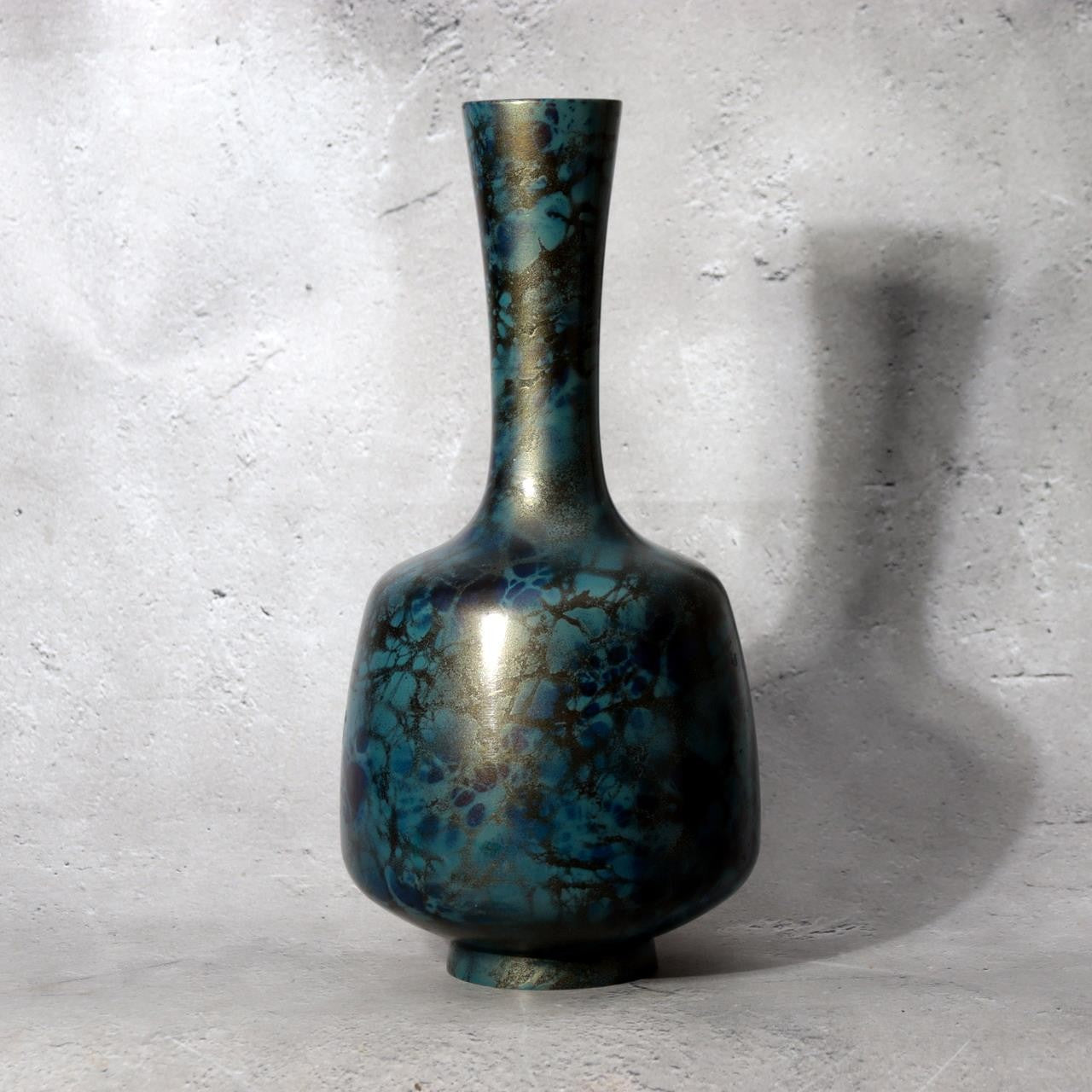 Vintage Showa Takaoka Copperware Bronze Vase Masaharu Blue Gold Mottled BV7720