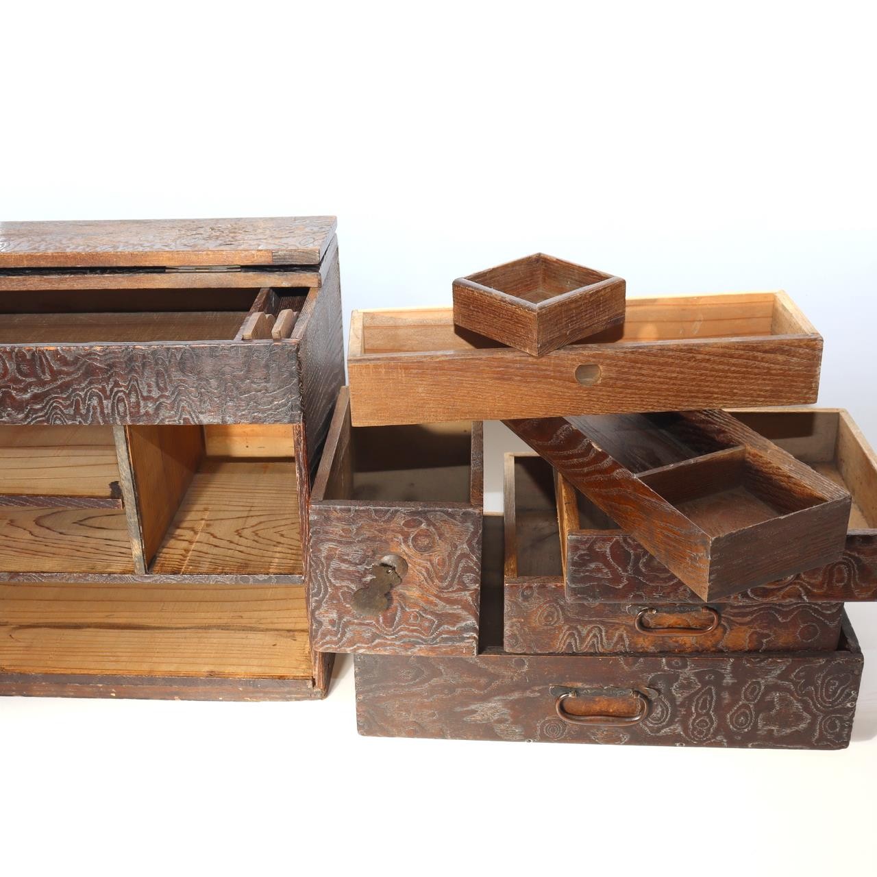 Antique Japanese Haribako Sewing Box Meiji Keyaki/Tamo Wood Brass Hardware Drawe3