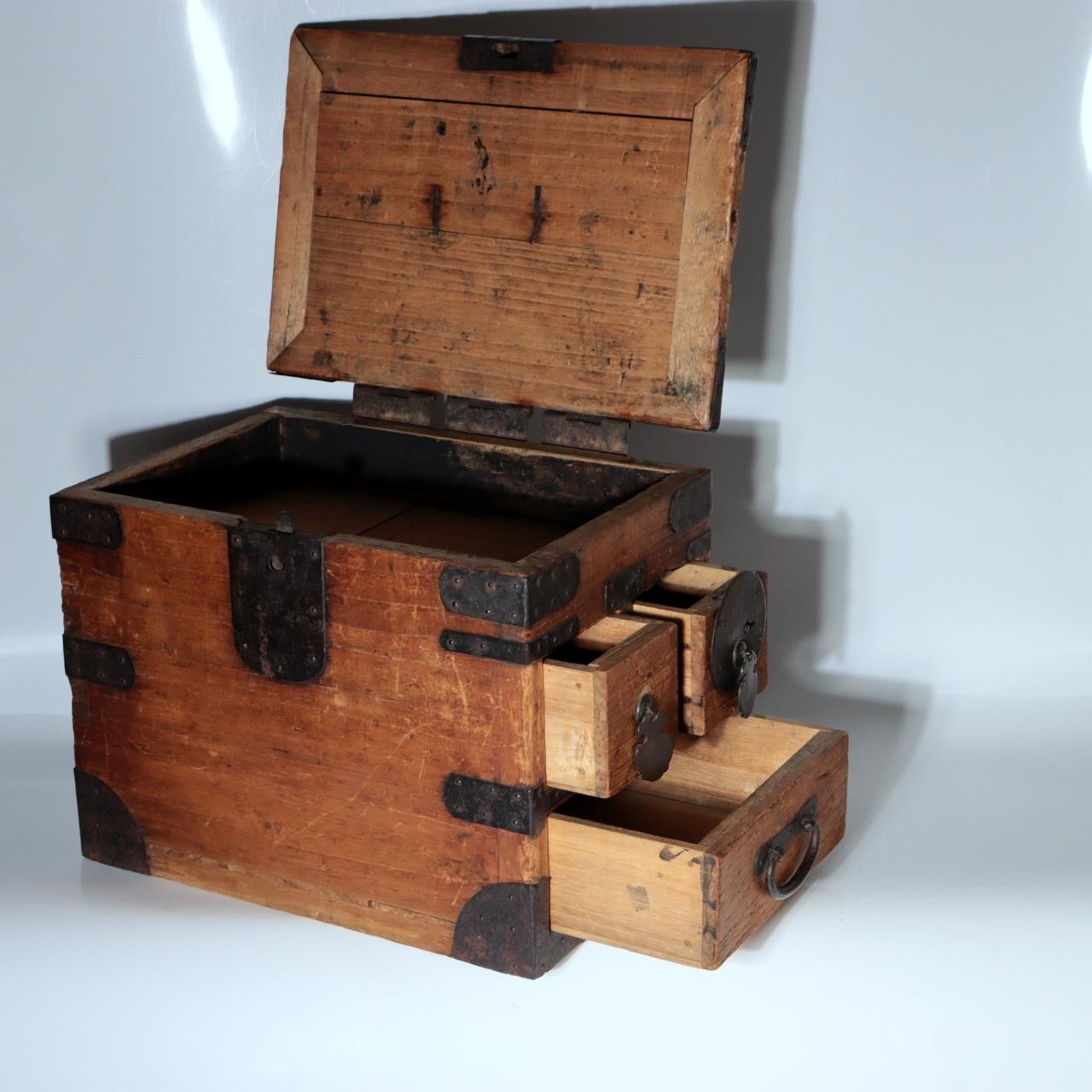 Antique Late Edo Japanese Wooden Kake Suzuri Portable Writing Box WO6204