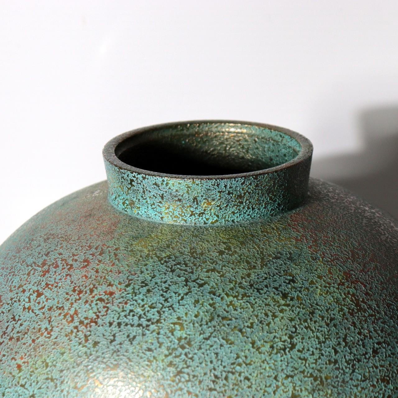 Vintage Japanese Cast Bronze Vase Blue Gold Mottled Patina Tomobako BV7848