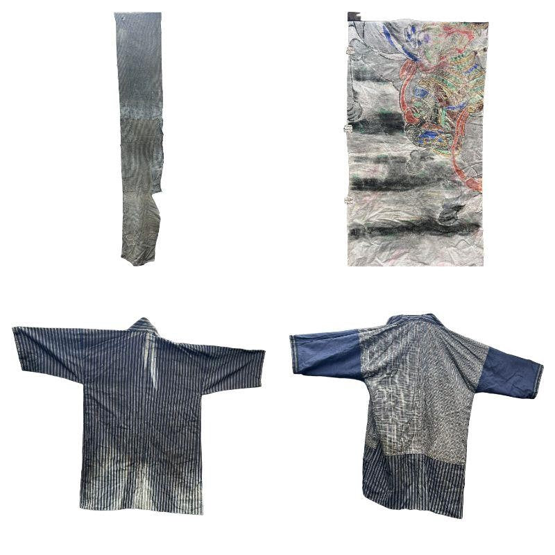 Antique Japanese Boro Textile 8pc Set Indigo Noragi Jacket Samurai Nobori Banner14