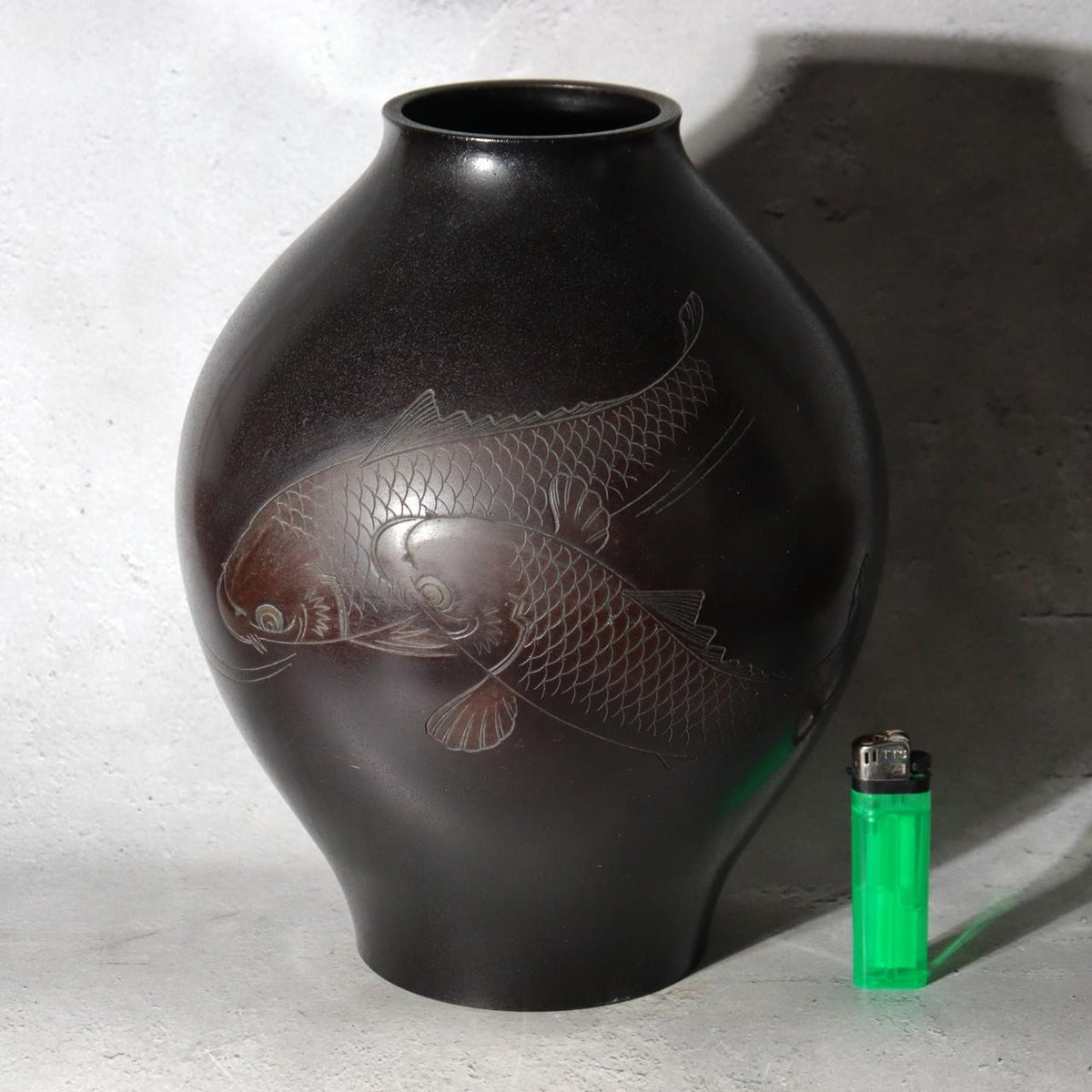 Japanese Cast Bronze Vase Twin Koi Carp Kankei Hanya Houn Engraved BV7731