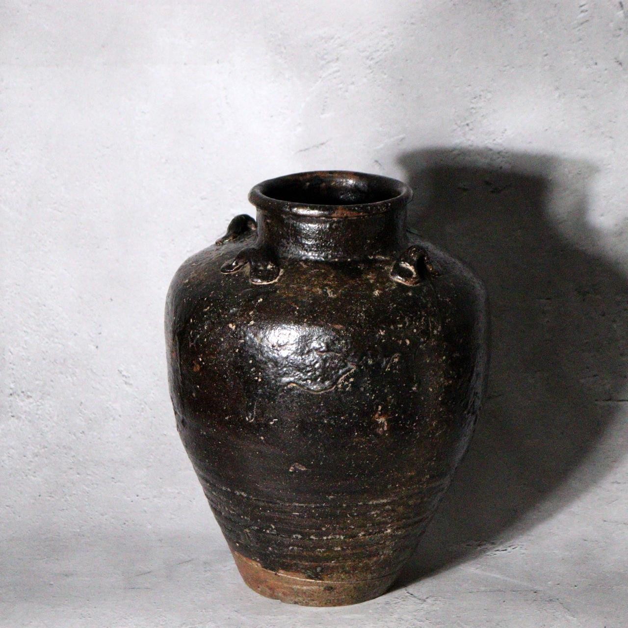 Antique Japanese Shiga Folk Kiln Pottery Iron Glaze Shiji-ko Four-Lug Jar PV3111