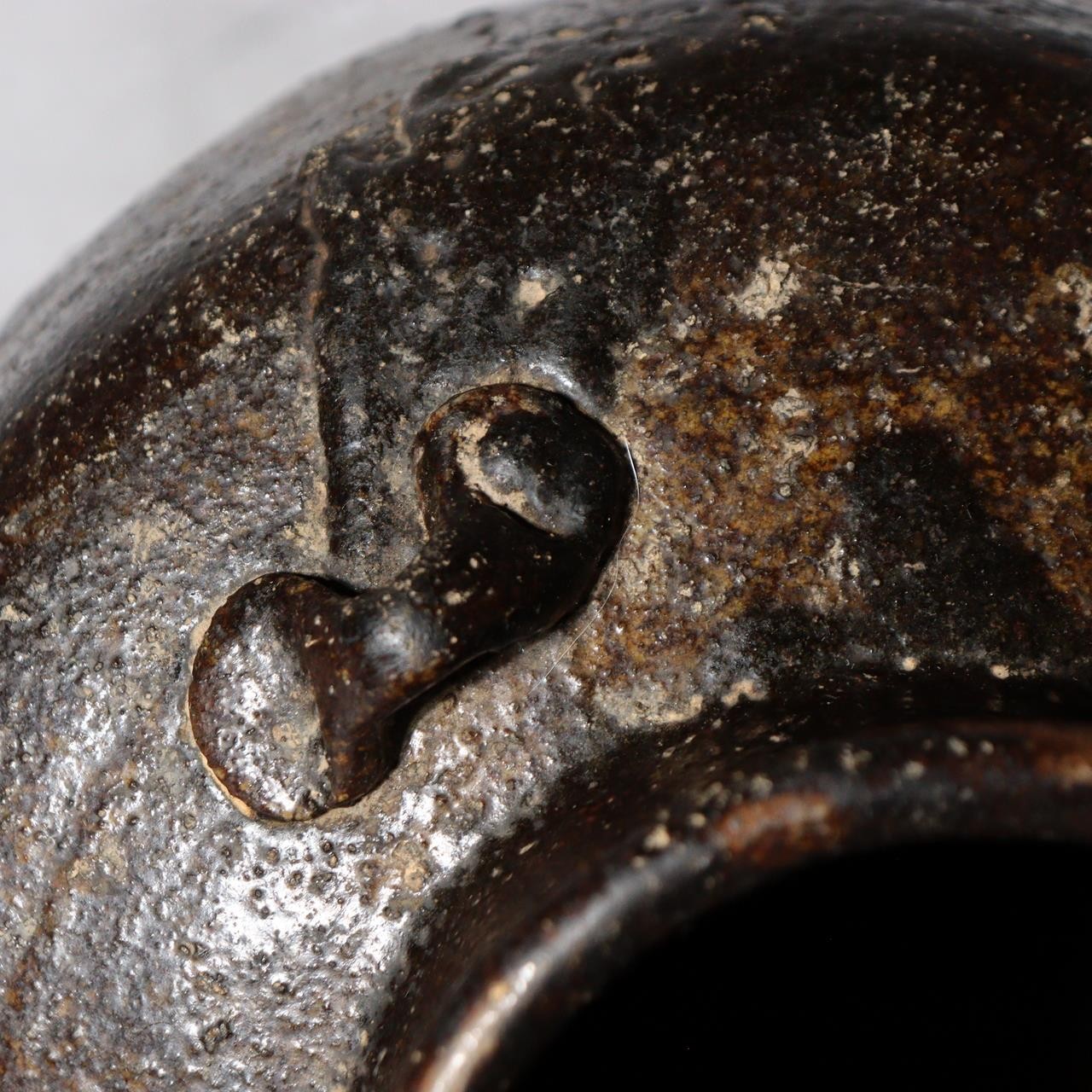 Antique Japanese Shiga Folk Kiln Pottery Iron Glaze Shiji-ko Four-Lug Jar PV31121