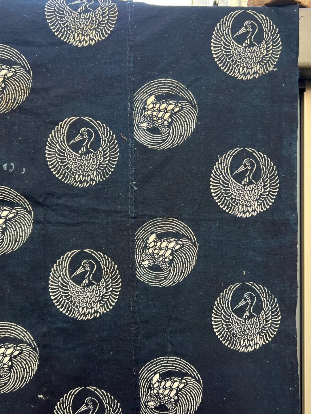 Meiji Period Japanese Indigo Katazome Cotton Fabric Crane Turtle BRKW17820