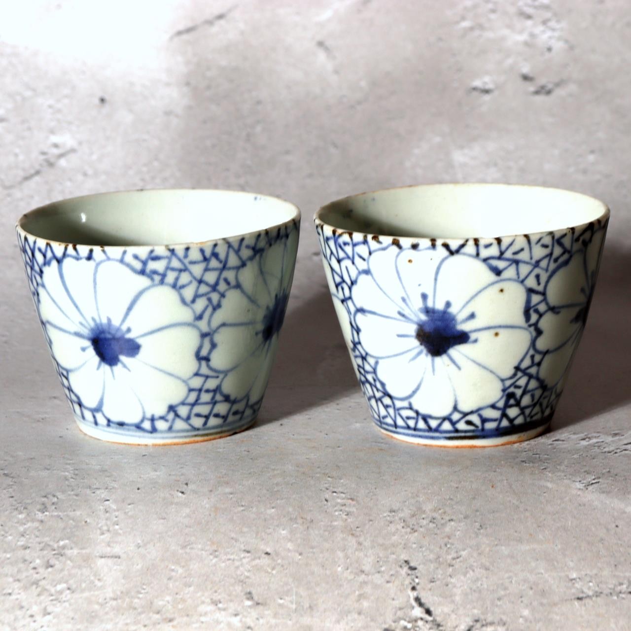 Edo Period Ko-Imari Blue and White Soba Choko Cup Set Net Flower 2pcs Japanese0