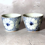 Edo Period Ko-Imari Blue and White Soba Choko Cup Set Net Flower 2pcs Japanese0