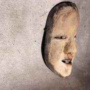 Japanese Antique Wooden Mask Female Woman Noh Kagura Style & Brocade Bag MSK5262