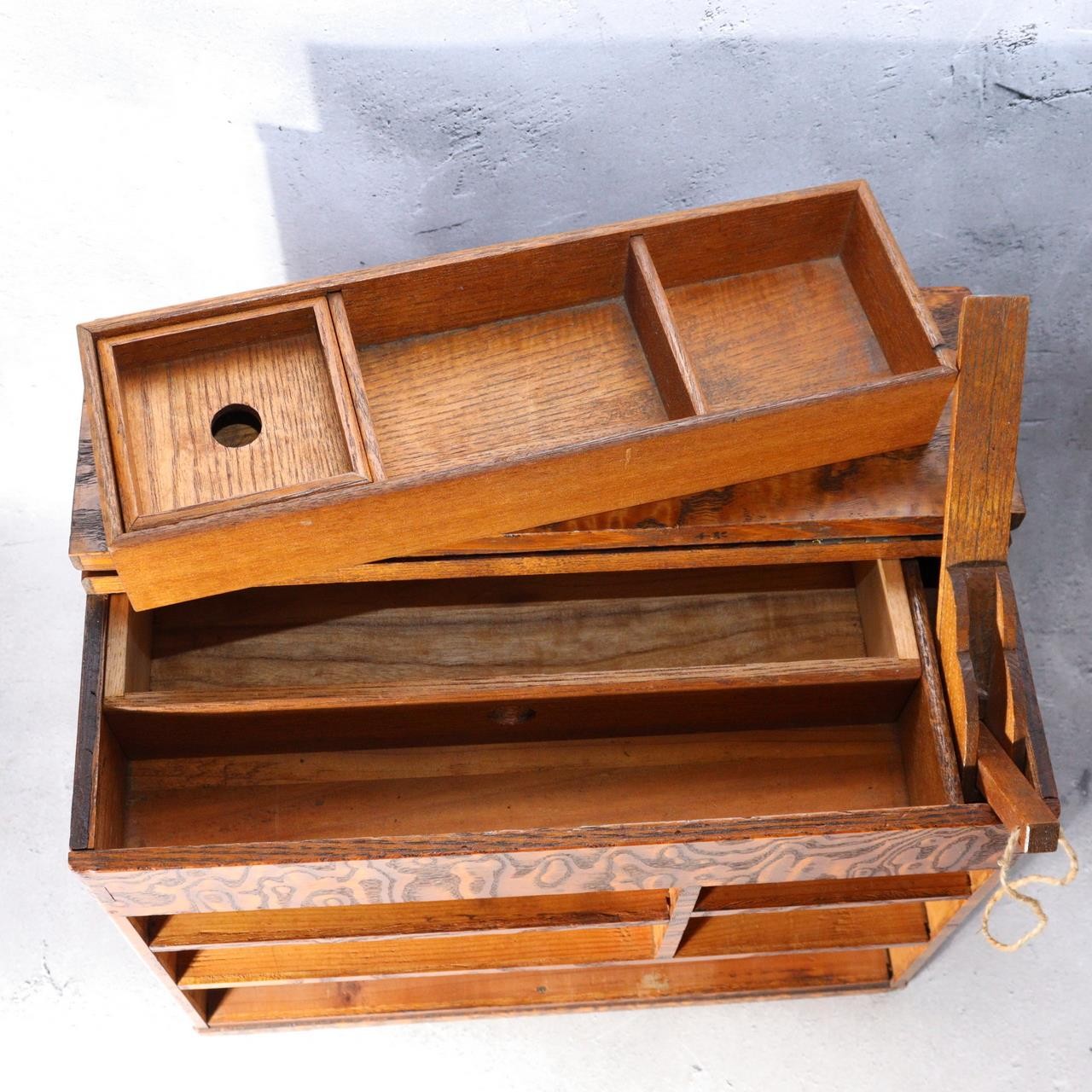 Vintage Japanese Tamo Wood Sewing Box Haribako Full Burl Grain Chest WO60610