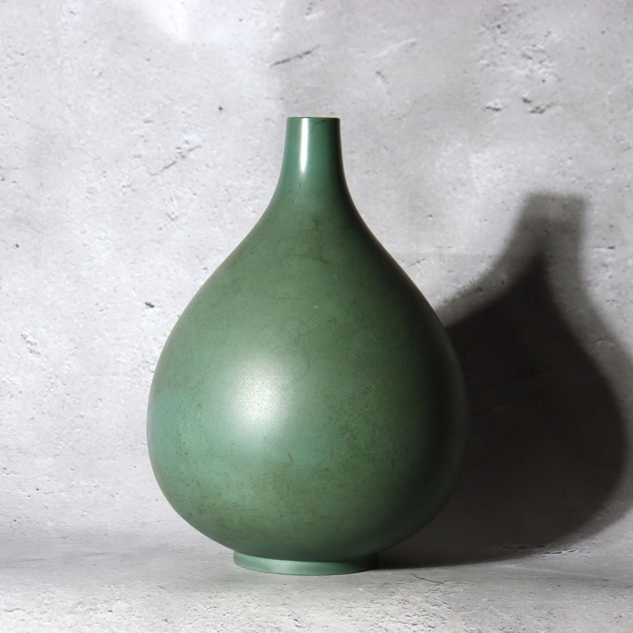 Japanese Bronze Bud Vase Houun  Matte Green Shizuku Teardrop Takaoka Copperware0