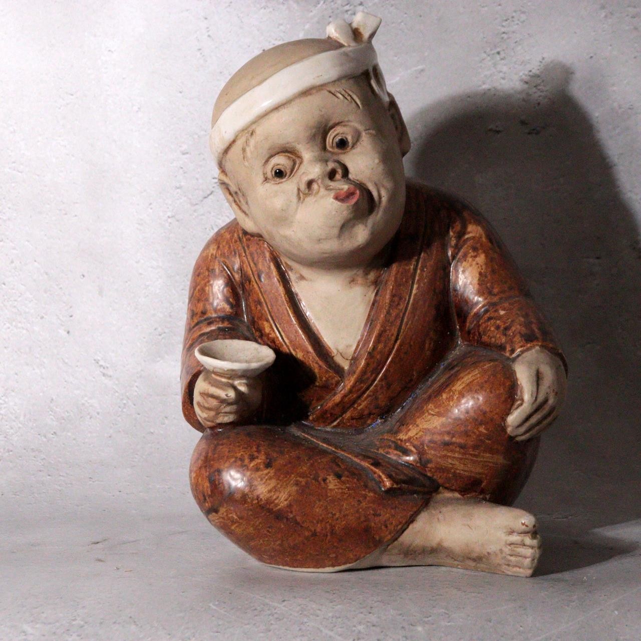 Vintage Japanese Shigaraki Ware Ceramic Figurine Hyottoko Sake Drinker PCP3100