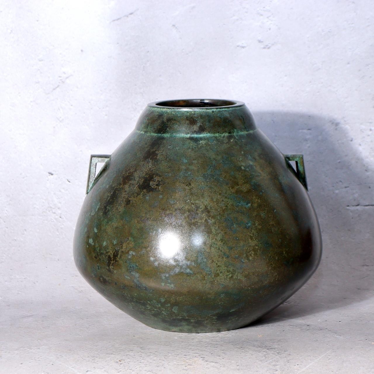 Vintage Japanese Signed Bronze Vase Silver Inlay Showa Modern Abstract Design1