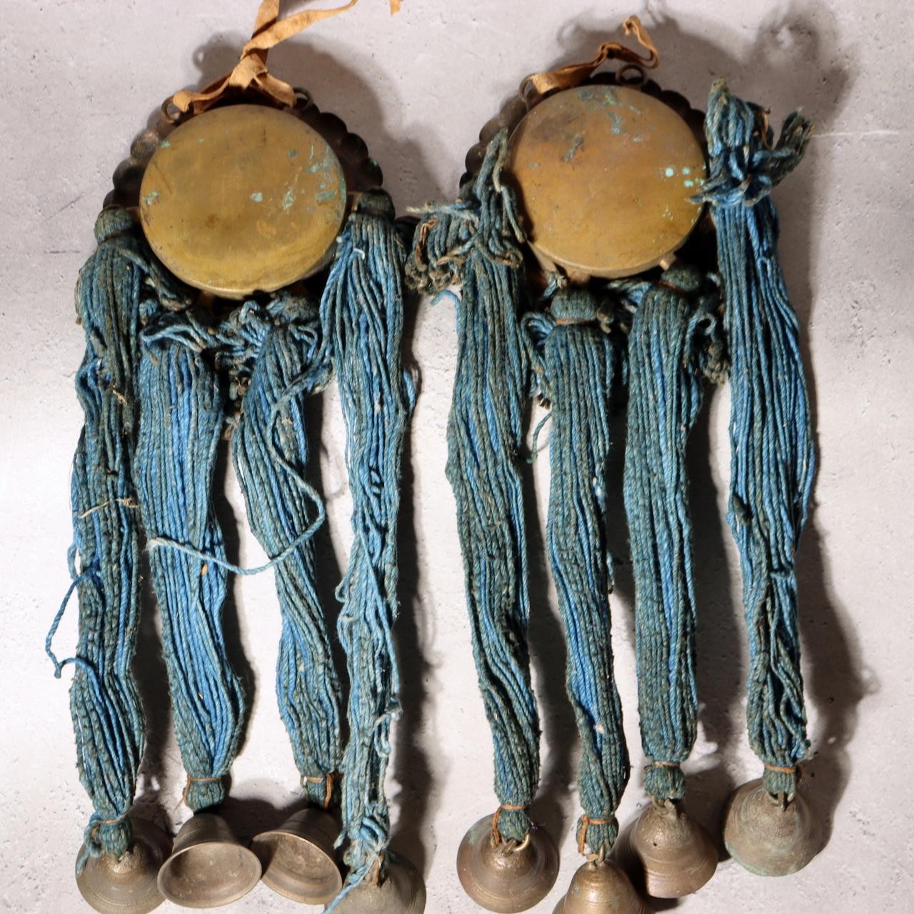 Antique Edo Period Japanese Horse Tack Ornament Brass Bells Blue Cords BOSa1413
