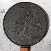 Antique Edo Period Bronze Hand Mirror Fujiwara Yoshikatsu Wooden Handle BOSa490