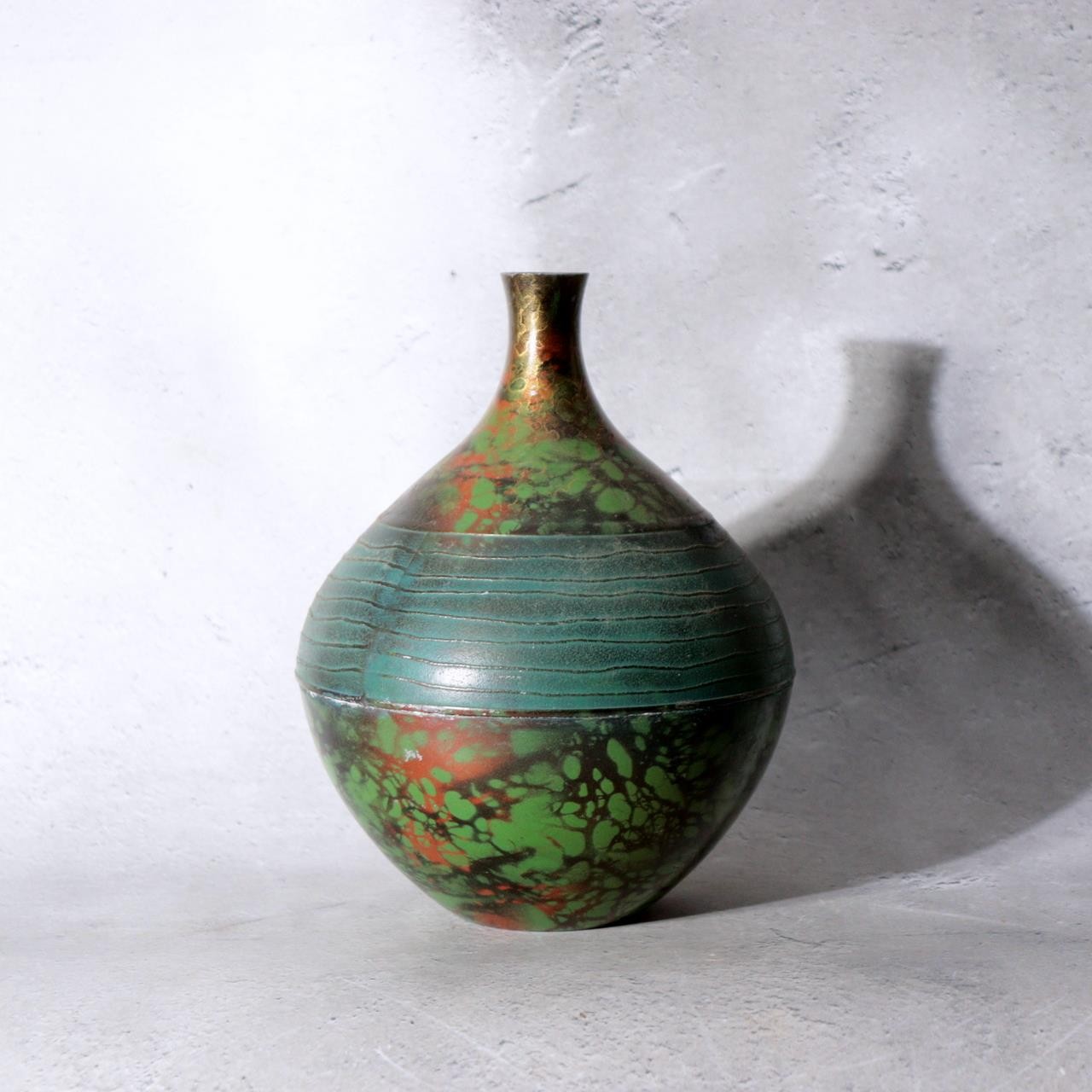 Japanese Metal Alloy Vase Mottled Green Patina Textured Band BV7700