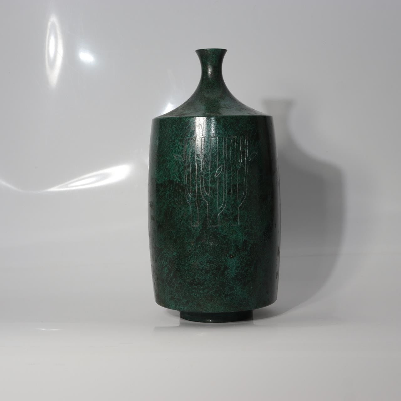 Vintage Japanese Cast Bronze Bud Vase Shoho Stylized Tree Green Patina BV7782