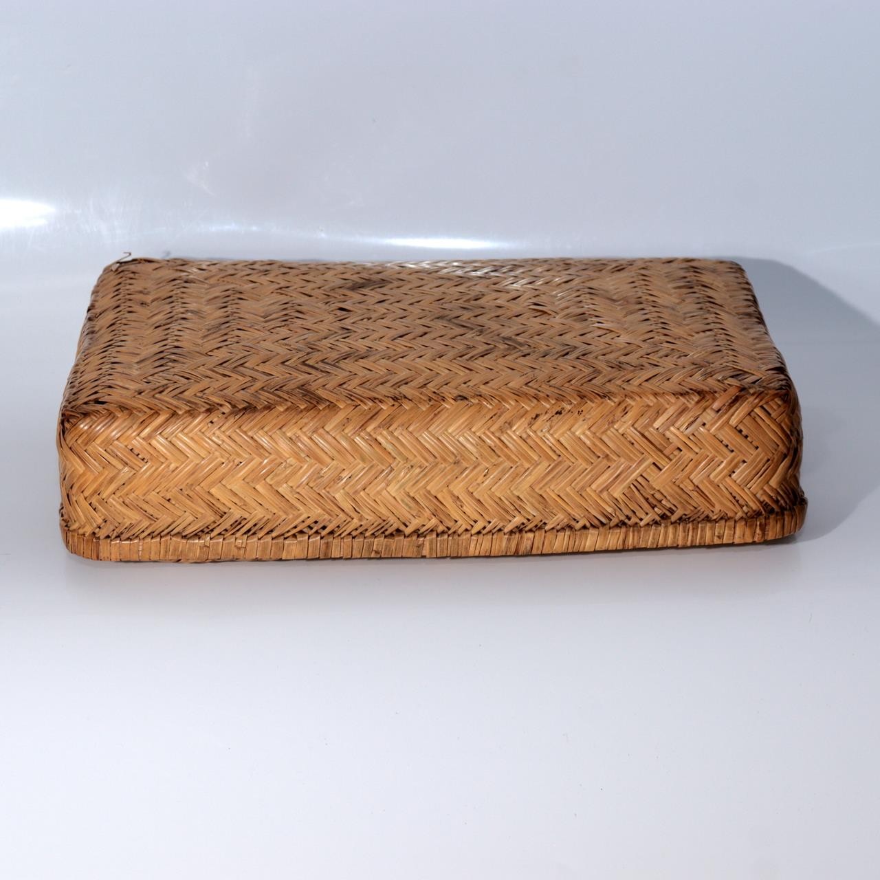Vintage Japanese Woven Bamboo Box Rectangular Basket Lid Case BVO727