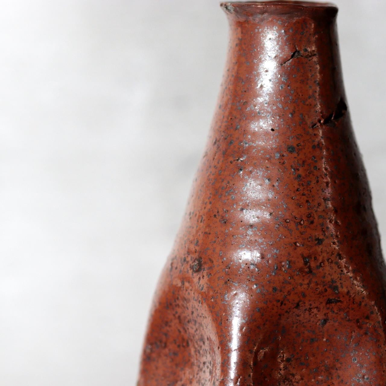 Late Edo Japanese Tamba Ware Kurikawa-Glazed Faceted Tokkuri Sake Bottle with Bo7