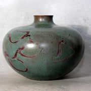 Japanese Takaoka Bronze Flat Round Vase Kankei Hanya Mottled Patina Tomobako8