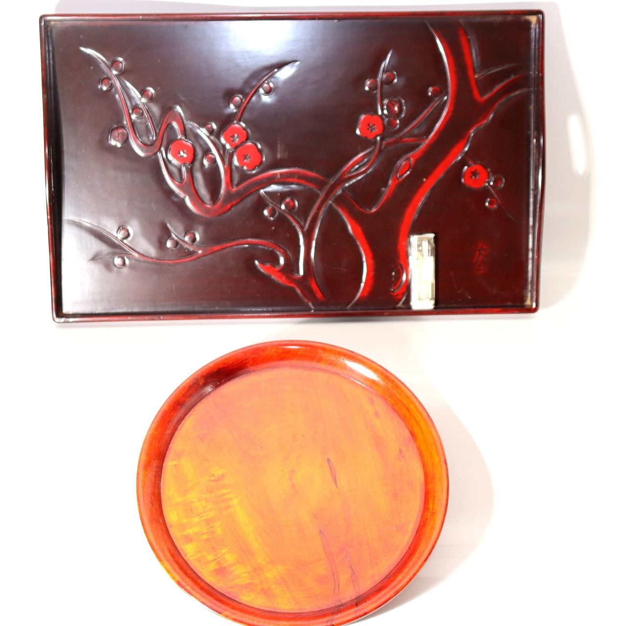 Japanese Lacquer Tray Set 2pc Tsuishu Carved Plum Rectangular Round WO5498