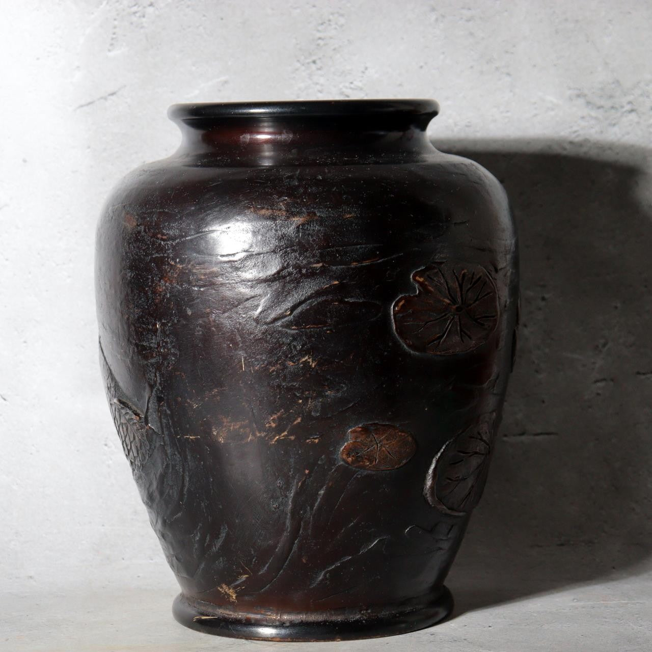 Antique Japanese Takaoka Bronze Vase Hozan Twin Koi Lotus Pond BV774-215