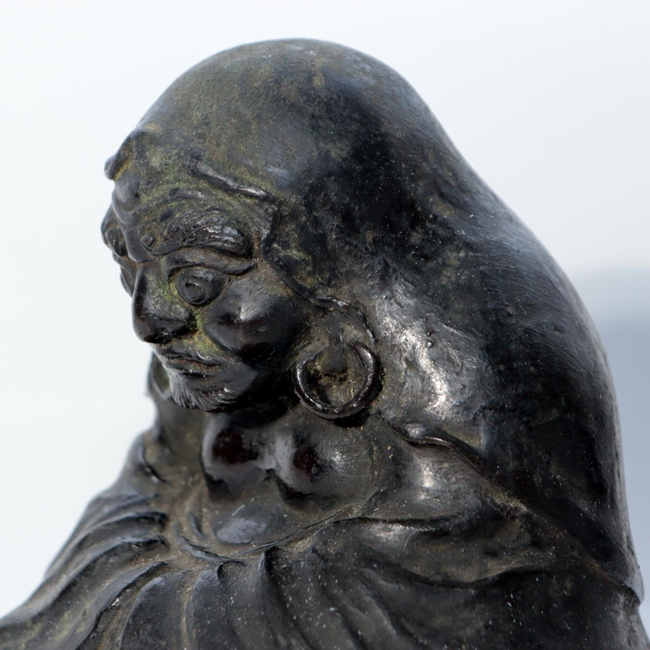 Japanese Antique Cast Bronze Bodhidharma Daruma Seated Statue Figure BOSa564