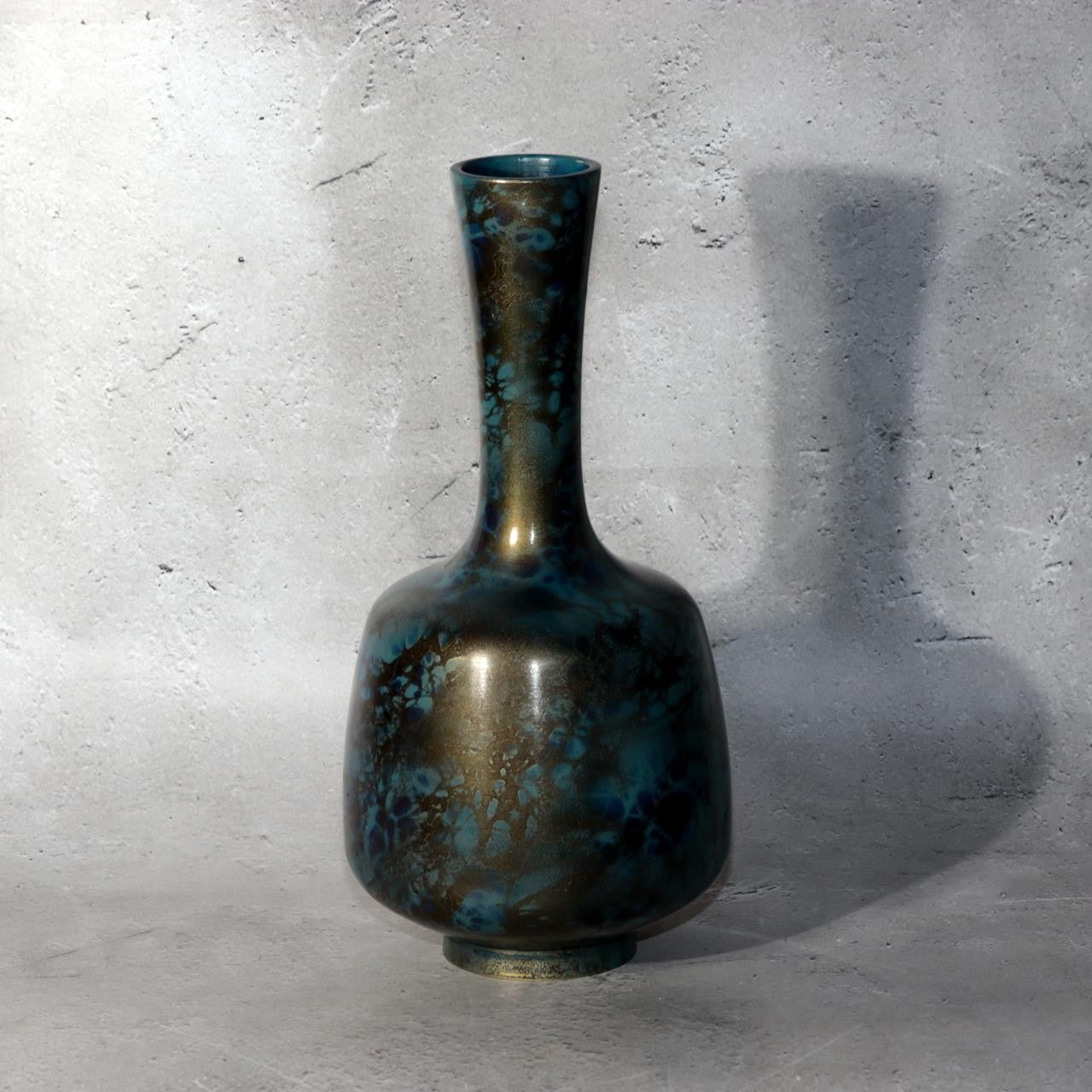 Vintage Showa Takaoka Copperware Bronze Vase Masaharu Blue Gold Mottled BV7729