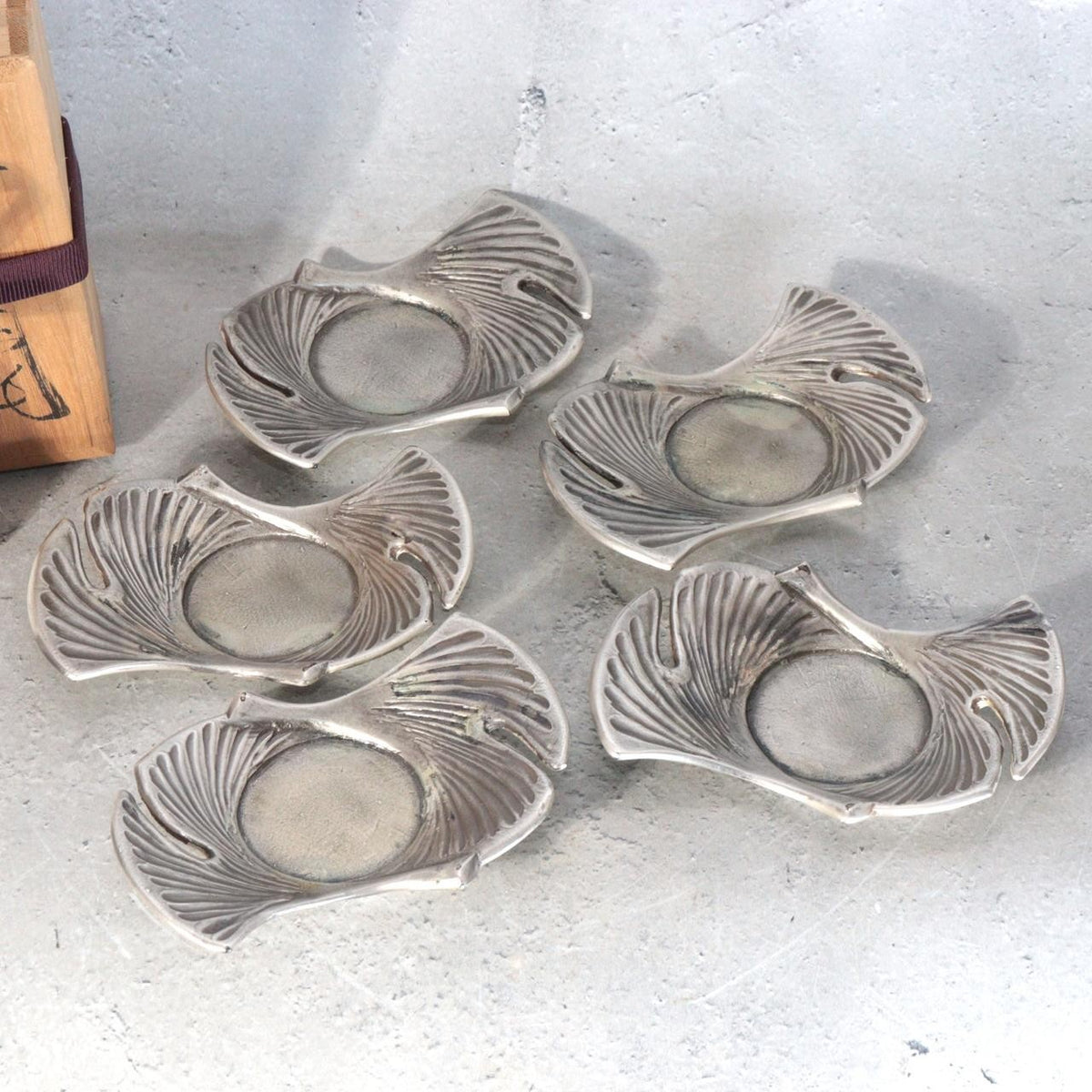 Vintage Japanese Cast Tin Chataku Tea Saucers ginkgo leaves Okajima Set of 51