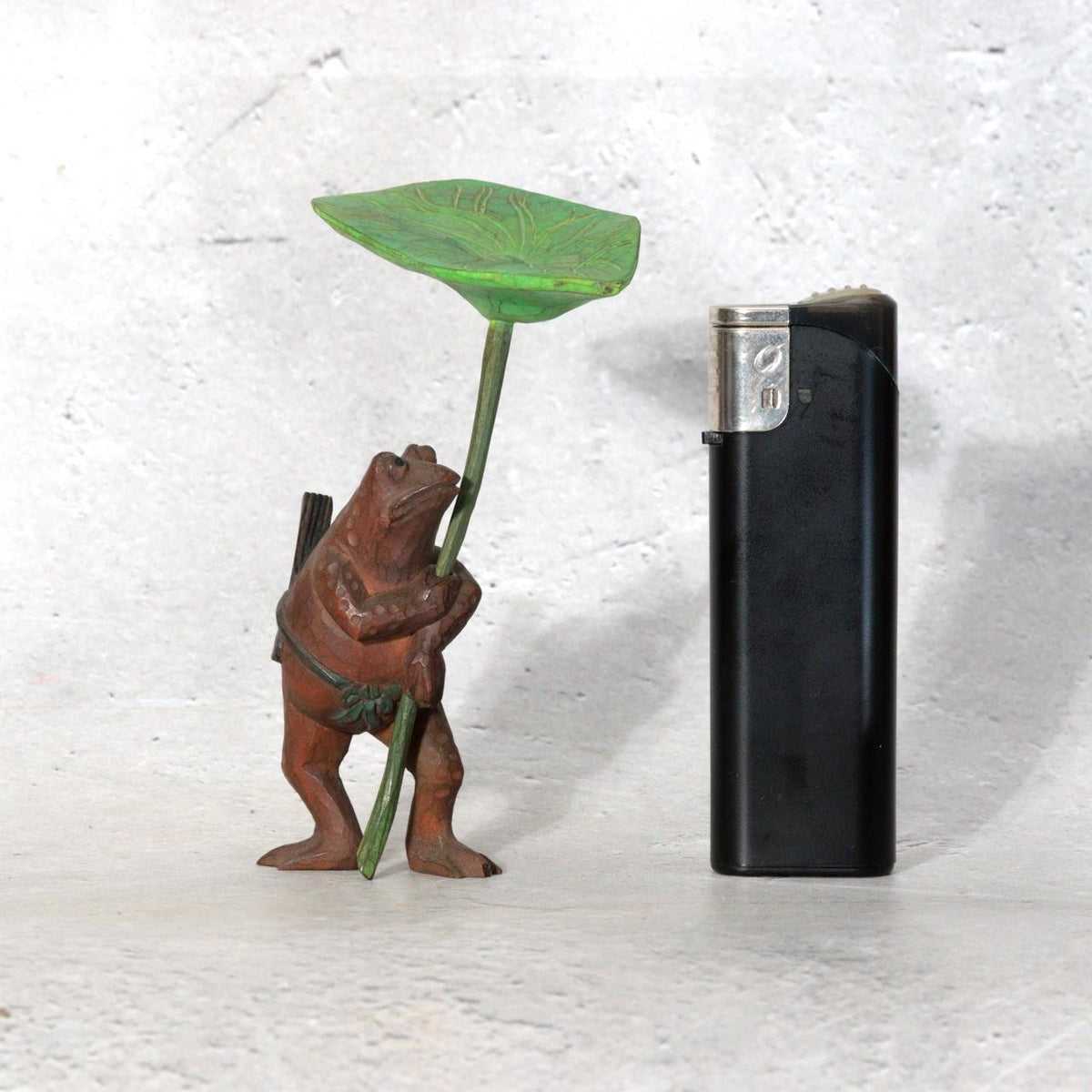 Vintage Japanese Wood Carved Frog with Lotus Leaf Umbrella – WO6551