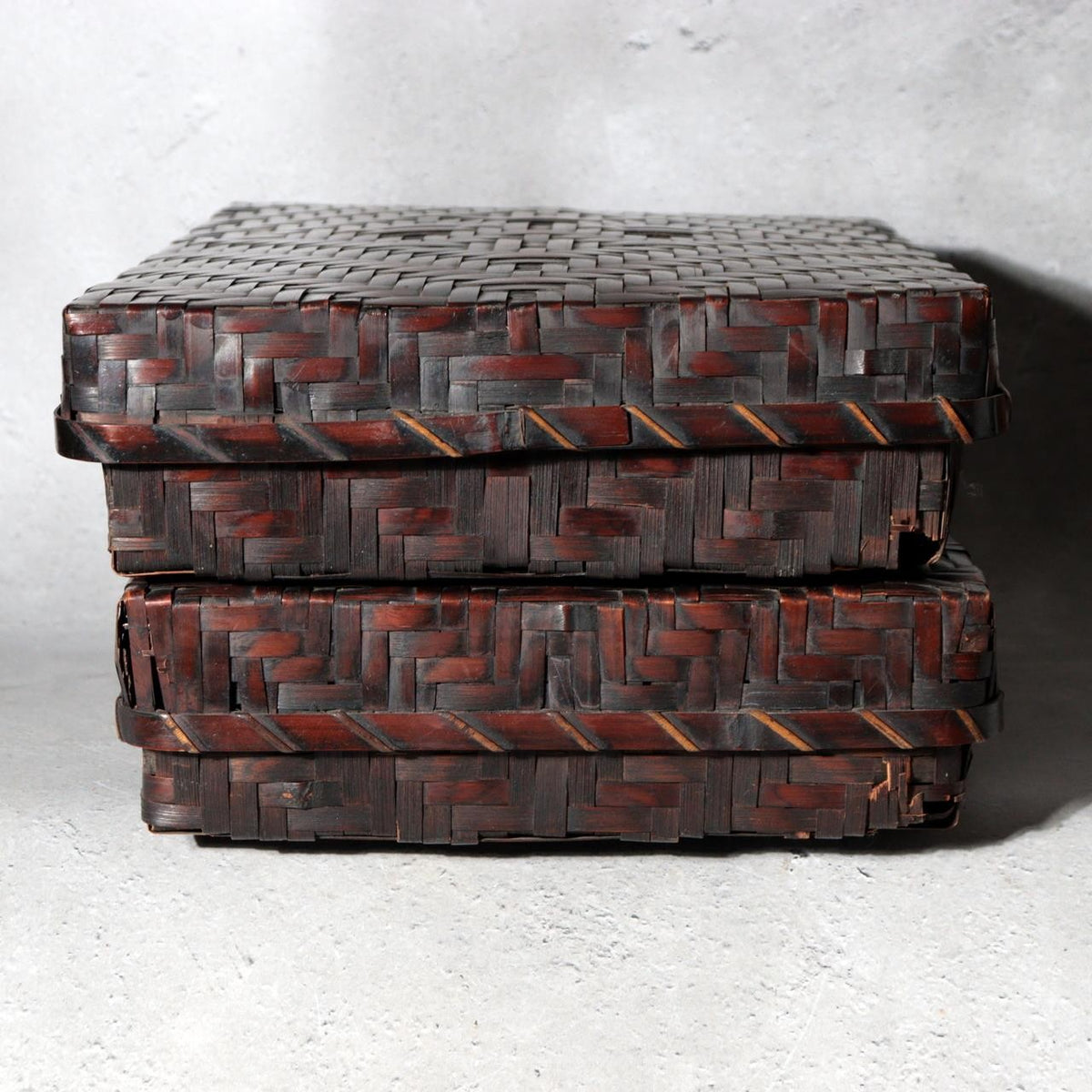 Vintage Japanese Bamboo Woven Rectangular Box Set of 2 Geometric Pattern Basket6