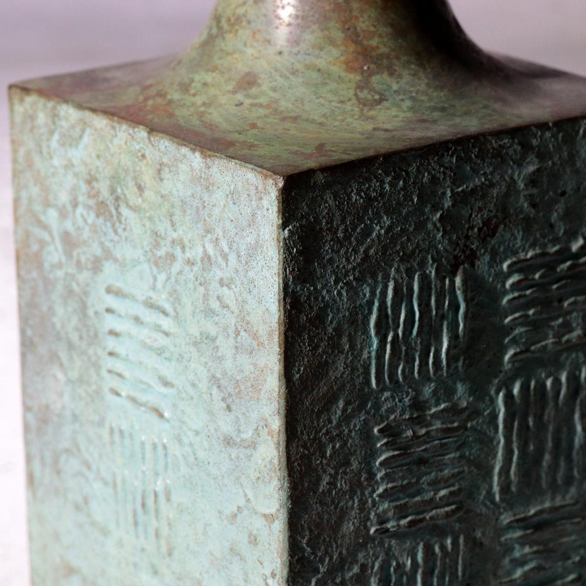 Vintage Japanese Katsumine Copper Bronze Bud Vase Square Geometric Motif12