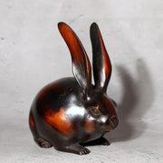 Japanese Bronze Rabbit Pair Okimono Statue Figurine Mottled Red Patina Zen14