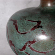 Japanese Takaoka Bronze Flat Round Vase Kankei Hanya Mottled Patina Tomobako14