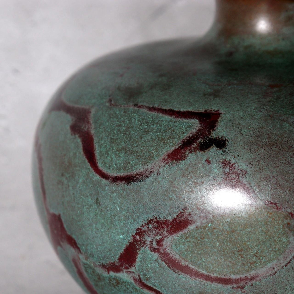 Japanese Takaoka Bronze Flat Round Vase Kankei Hanya Mottled Patina Tomobako14
