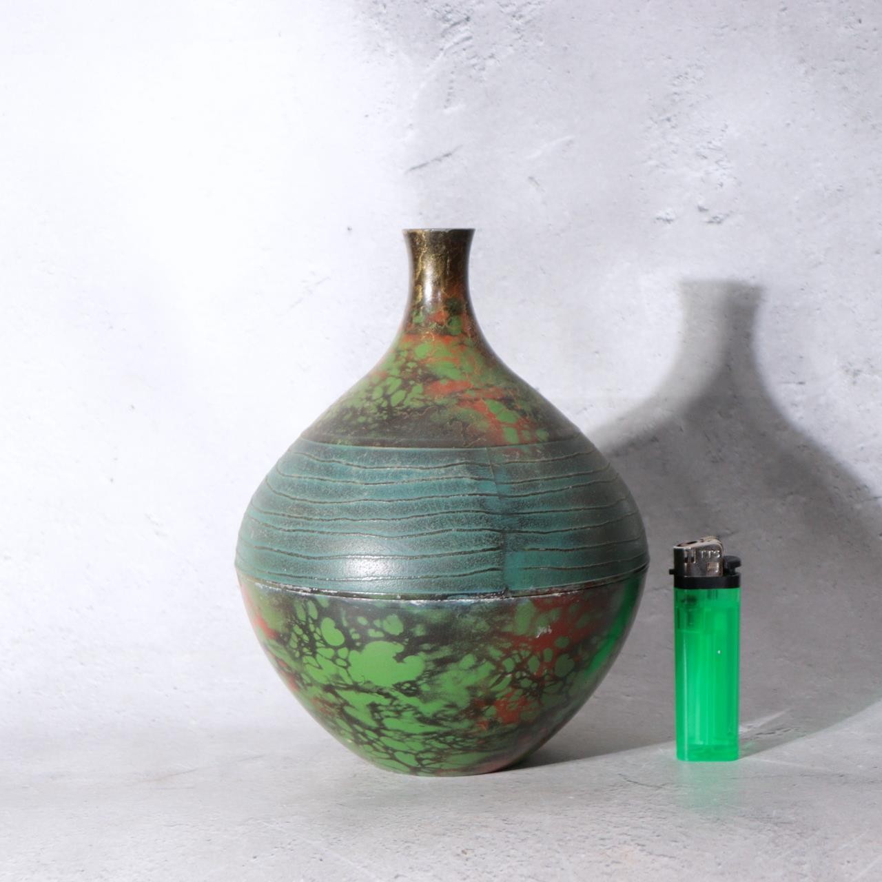 Japanese Metal Alloy Vase Mottled Green Patina Textured Band BV7701