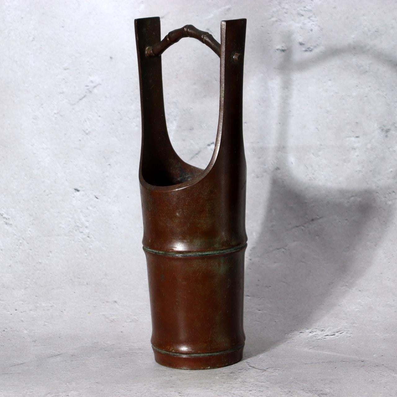 Japanese Vintage Cast Bronze Ikebana Vase - Bamboo Trunk Style with Handle BV7423