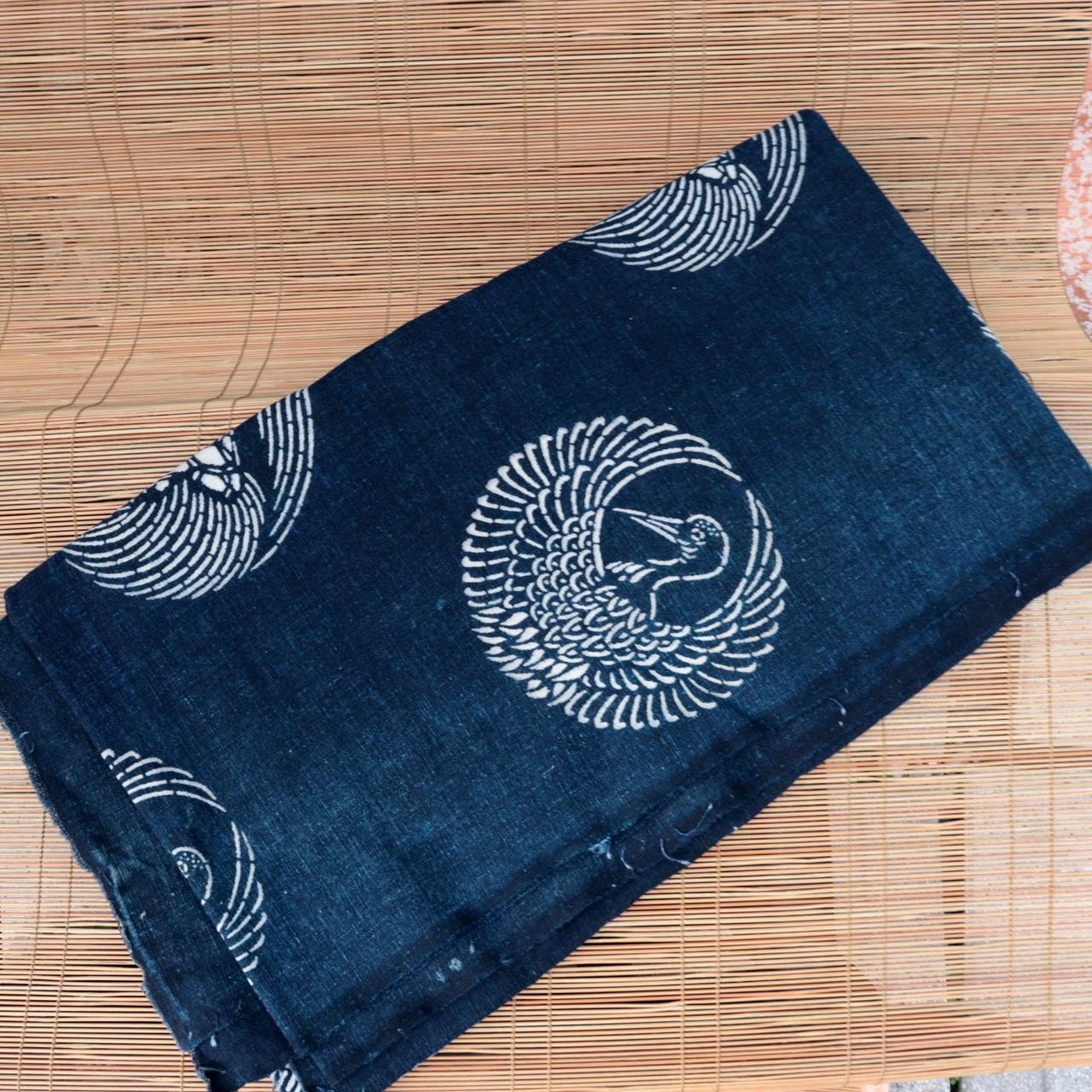 Meiji Period Japanese Indigo Katazome Cotton Fabric Crane Turtle BRKW1784