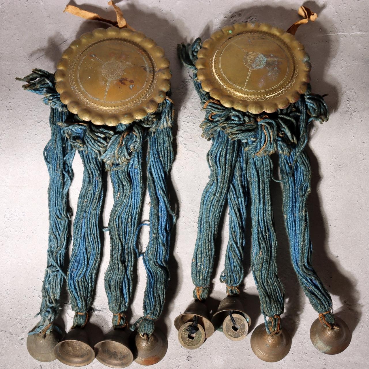 Antique Edo Period Japanese Horse Tack Ornament Brass Bells Blue Cords BOSa140