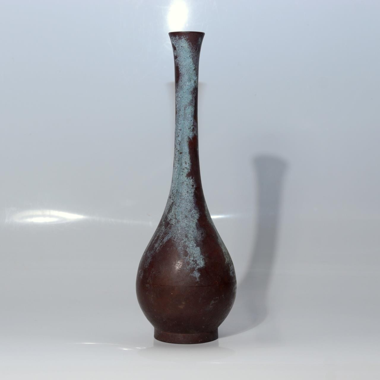 Japanese Vintage Bronze Tsurukubi Flower Vase Long Neck Green Patina Finish0