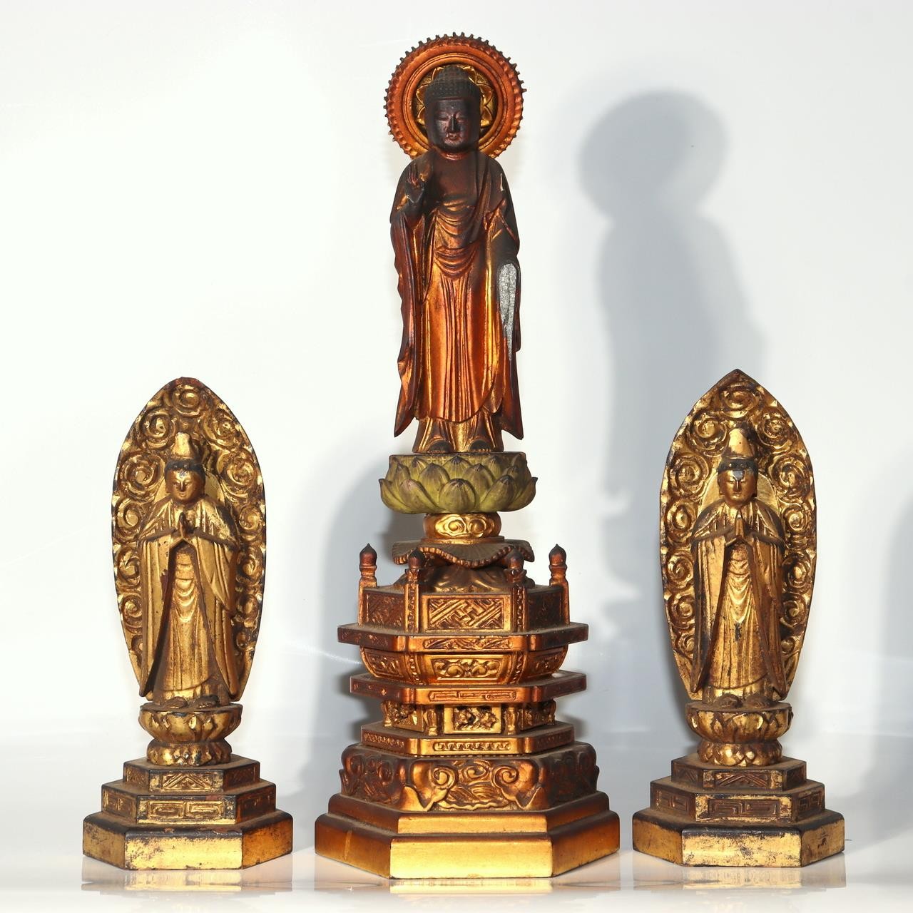 Japanese Vintage Amida Sanzon Buddhist Statue Set 3pc Gilt Wood 28.6cm Zen BT2440