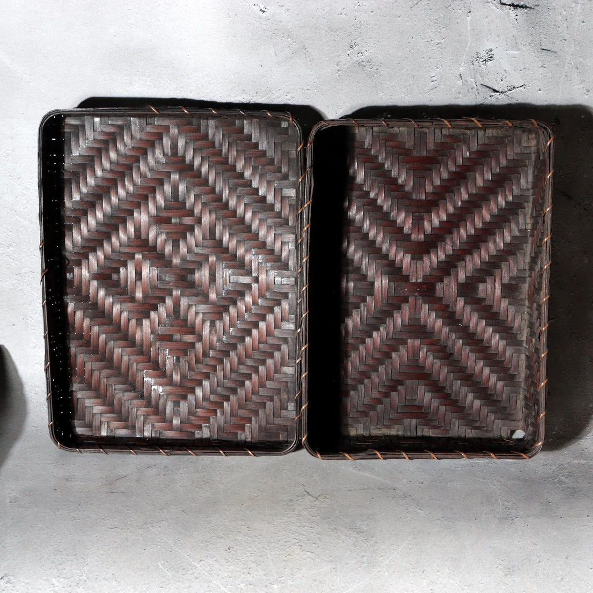 Vintage Japanese Bamboo Woven Rectangular Box Set of 2 Geometric Pattern Basket13