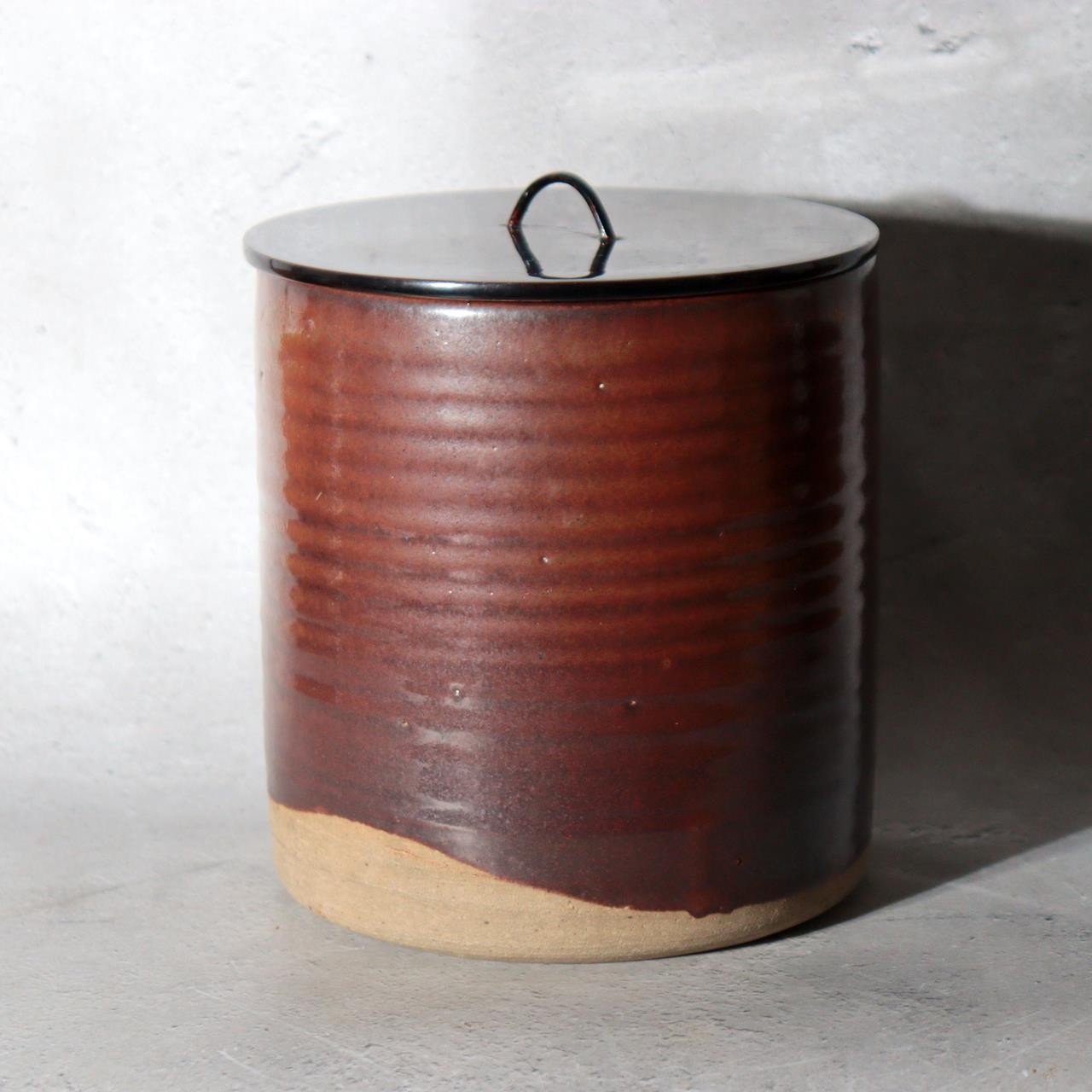Japanese Seto Ware Ceramic Mizusashi Water Jar Brown Ribbed Texture Tomobako9