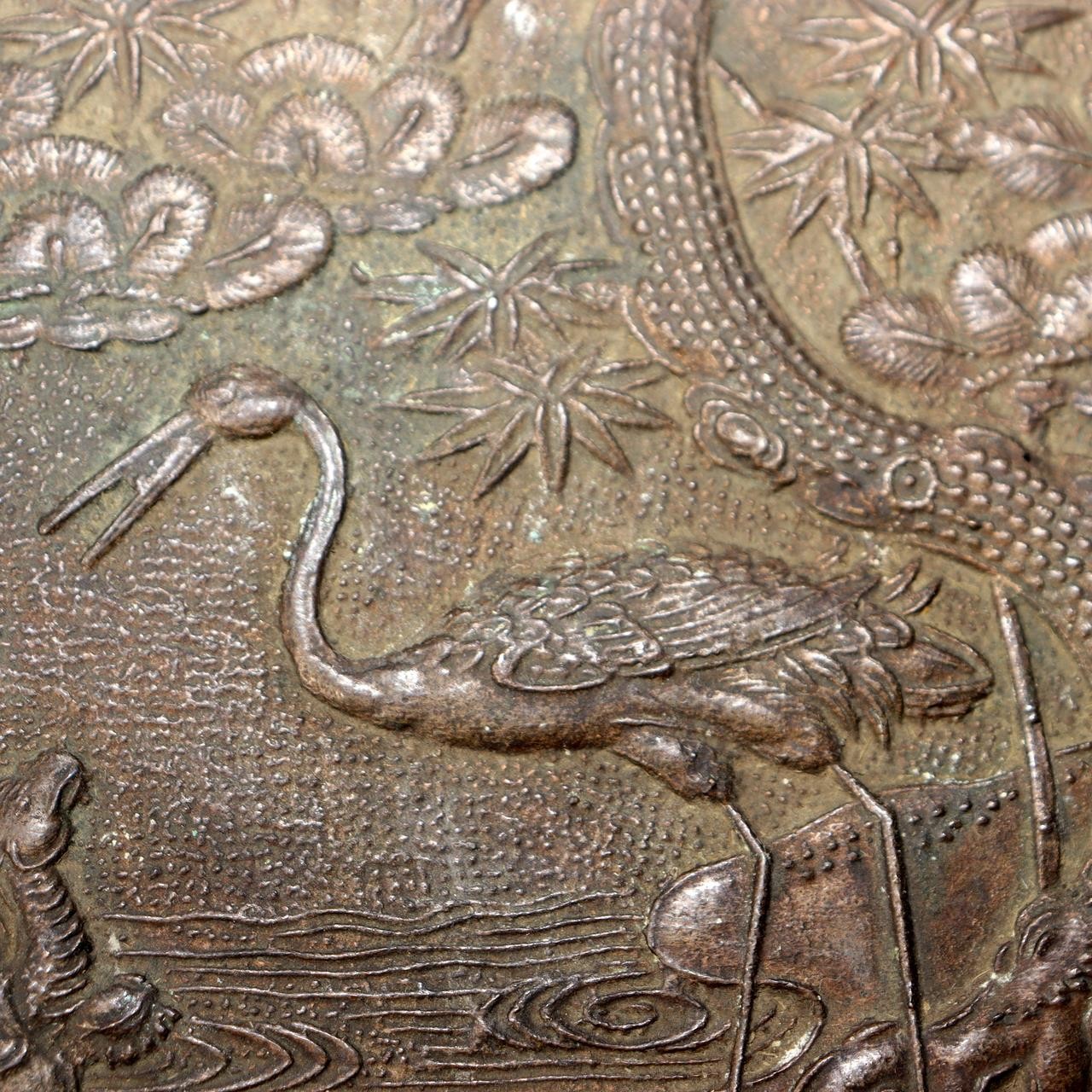 Japanese Antique Bronze Mirror Crane Turtle Pine Tree Tenkaichi Signed 30cm 680g12