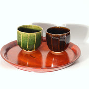 Japanese Lacquer Tray Set 2pc Tsuishu Carved Plum Rectangular Round WO5496