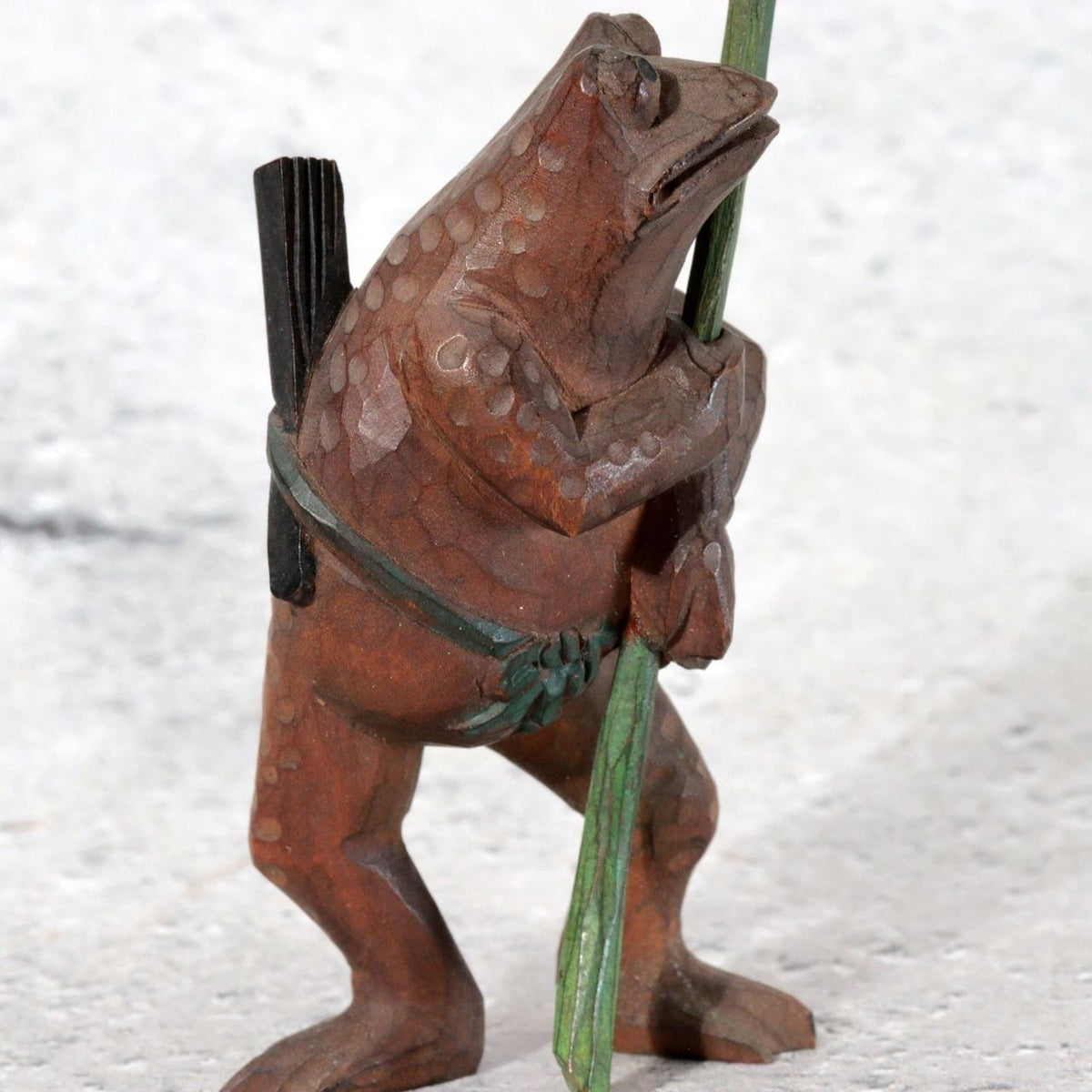 Vintage Japanese Wood Carved Frog with Lotus Leaf Umbrella – WO6552