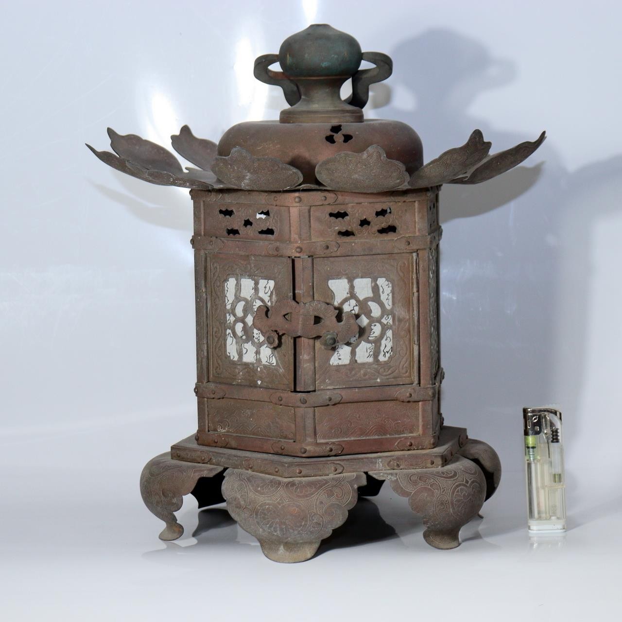 Japanese Kyoto Antique Bronze Lotus Temple Lantern Toro Buddhist Altar 33cm1