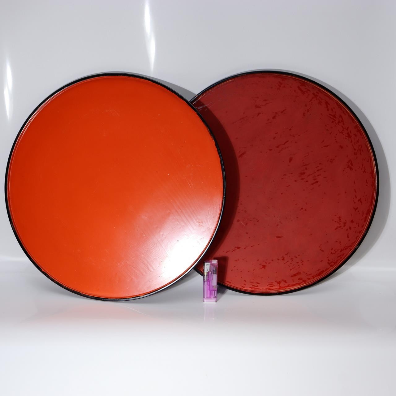 Vintage Aizu Lacquer Round Wooden Serving Tray Plates Red Black Set of 2 Japanes5